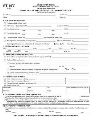 New Jersey Vessel Dealer Sales and Use Tax Exemption Report