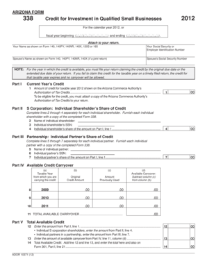 Arizona Form 338 Credit for Investment in Qualified Small Businesses 2012