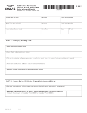 Maryland Subtraction For Income Form 502AE
