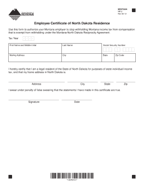 Montana Employee Certificate of North Dakota Residence
