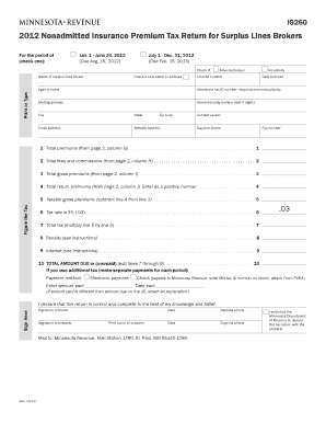 2012 Nonadmitted Insurance Premium Tax Return for Surplus Lines Brokers