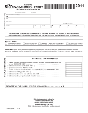 Maryland Pass-Through Entity 2011 Estimated Income Tax Form