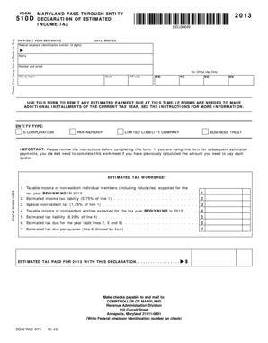 Maryland Pass-Through Entity Estimated Income Tax Form 510D