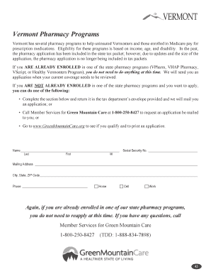 Vermont Pharmacy Program Application