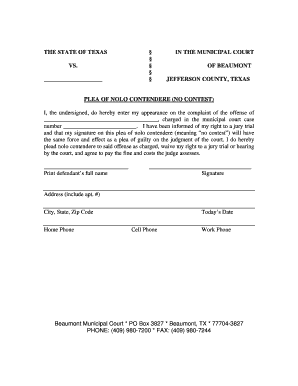 Texas Nolo Contendere Plea Form
