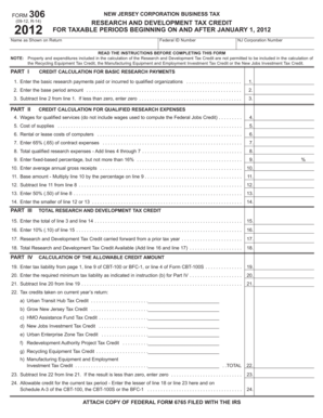 New Jersey Corporation Business Tax Form 306