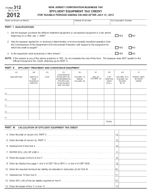 New Jersey Effluent Equipment Tax Credit Form