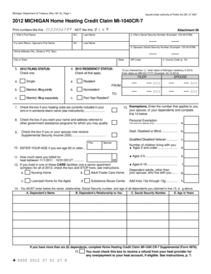 2012 Michigan Home Heating Credit Claim MI-1040CR-7