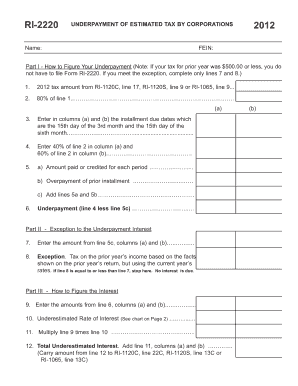 RI-2220 Underpayment of Estimated Tax by Corporations
