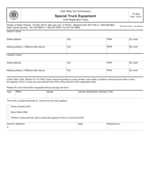 Utah Special Truck Equipment Form