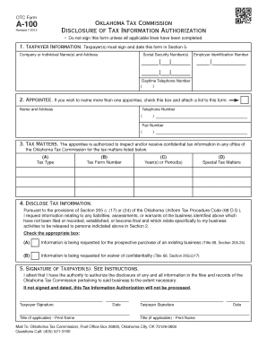 Oklahoma Tax Information Authorization Form A-100