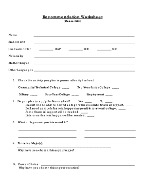 High School Recommendation Worksheet