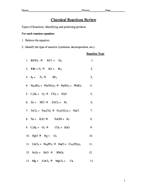 Chemical Reactions Review Worksheet