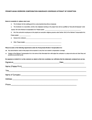 Pennsylvania Workers Compensation Insurance Coverage Affidavit of Exemption