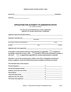 Ohio Probate Court Application for Authority to Administer Estate