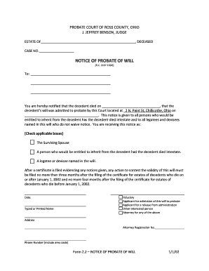 Ohio Notice of Probate of Will