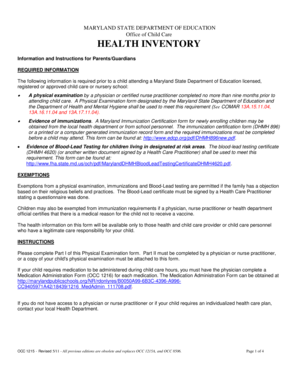 Maryland Child Care Health Inventory Form