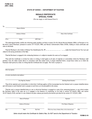 Hawaii Resale Certificate Form G-19