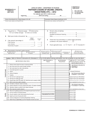 Hawaii Schedule K-1 Form N-20