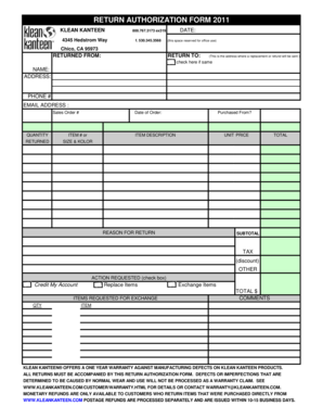 Klean Kanteen Return Authorization Form
