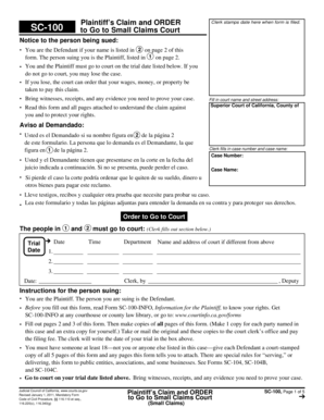 California Small Claims Court Plaintiff’s Claim and Order SC-100