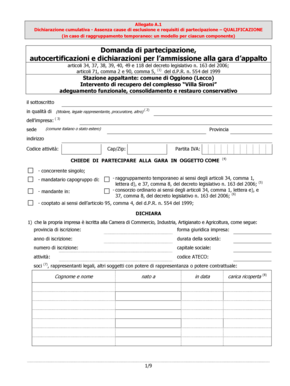 Dichiarazione cumulativa - Assenza cause di esclusione e requisiti di partecipazione