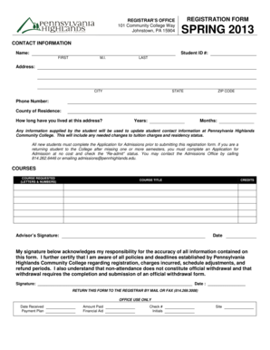 Pennsylvania Highlands Community College Registration Form