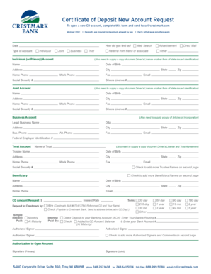 Certificate of Deposit New Account Request