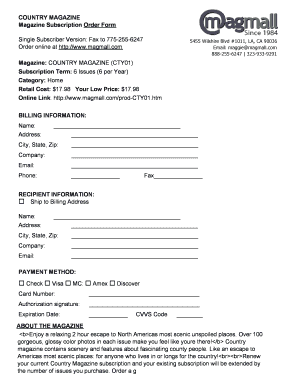 Country Magazine Subscription Order Form