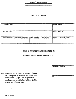 Certificate of Completion for Pest Control