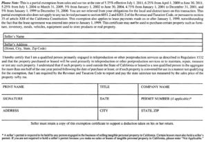 California Sales Tax Exemption Certificate