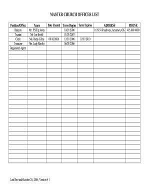 Church Officer List Template