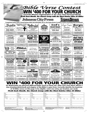 Wednesday, October 9, 2013 Page 4A, Johnson City Press Bible Verse Contest $ WIN 400 FOR YOUR CHURCH Favorite Mission Organization or for Your Own Personal Needs PLUS Each Month, the Church Group with the Most Entries Wins 20 Bibles