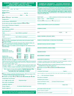 Dominican University Student Insurance Enrollment Card