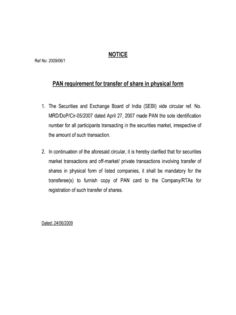Fillable Online NOTICE PAN requirement for transfer of share in