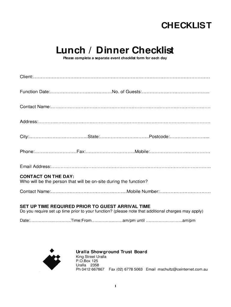 Fillable Online CHECKLIST Lunch / Dinner Checklist - Webs Fax Email ...