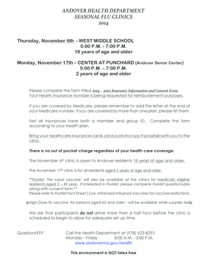 2014 Andover Health Department Flu Clinic Consent Form