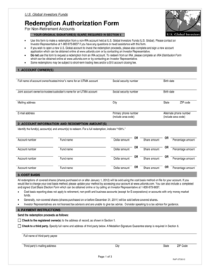 US Global Investors Funds Redemption Authorization Form