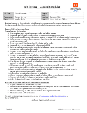 Job Posting Clinical Scheduler Job Title: Clinical Scheduler Department: Days: Therapy Services, Monday Friday Date to apply: Location: Hours: Delaware, Ohio 40 hrs, 10:30 am 7:00 pm Position Summary: Responsible for scheduling patient