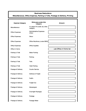 Supply list template - Business Deductions Miscellaneous Office Expense Parking