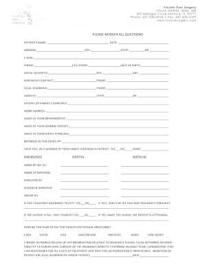 Florida Oral Surgery Patient Intake Form