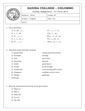 holiday assignment meaning in tamil