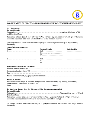 CONTINUATION OF PROPOSAL FORM FOR LIFE ASSURANCE - sric