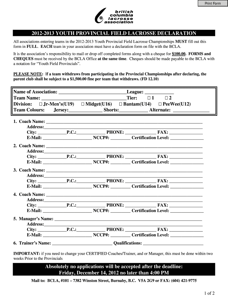 Fillable Online PROVINCIAL PLAYDOWN DECLARATION Oceanside Lacrosse