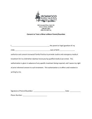 Parent consent for practice - Consent to Treat a Minor without Parent/Guardian I - Ironwood ...