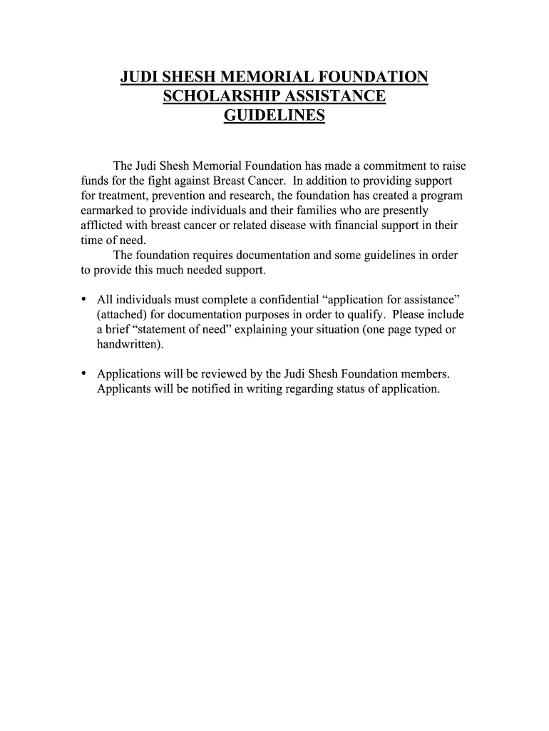 JUDI SHESH MEMORIAL FOUNDATION SCHOLARSHIP ASSISTANCE - judisrun Preview on Page 1