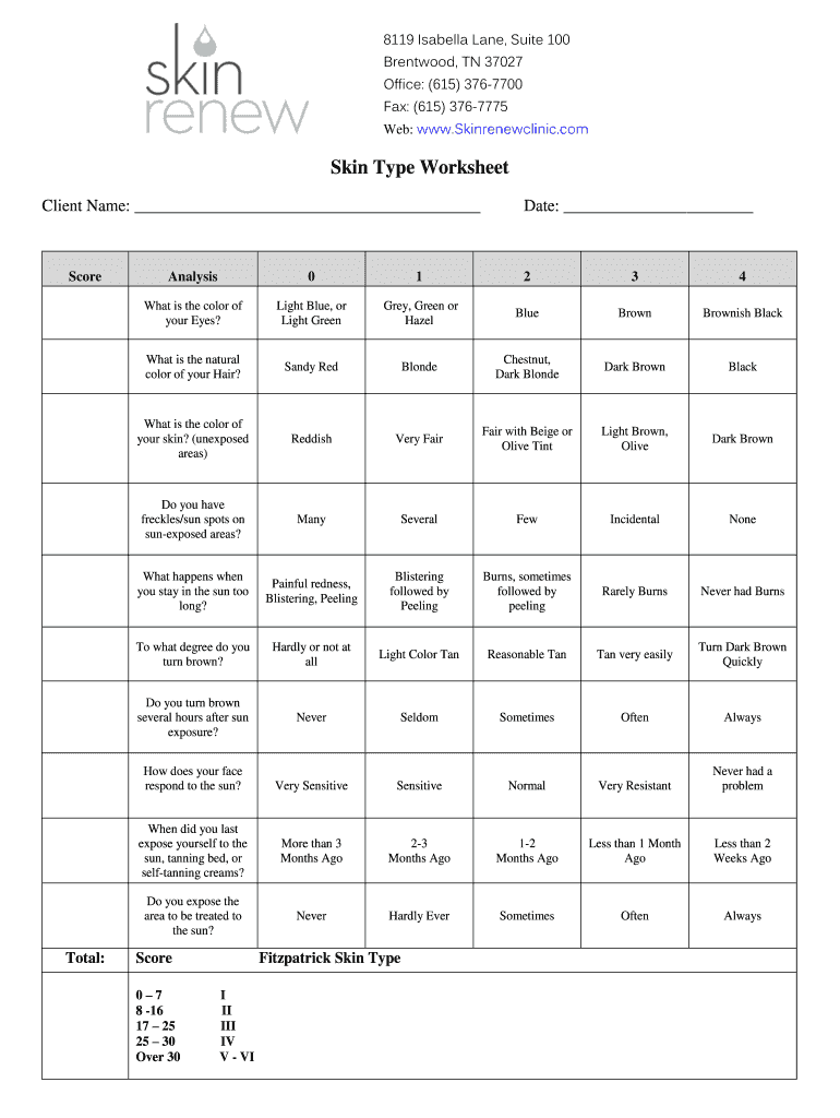 Skin Renew Clinic Skin Type Worksheet Fill And Sign Printable