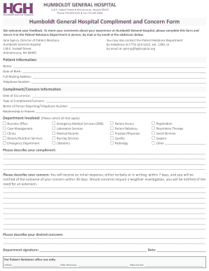 Compliment and Concern Form - Humboldt General Hospital