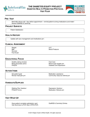 THE DIABETES EQUITY PROJECT DIABETES HEALTH PROMOTION PROTOCOL VISIT FOUR PRE VISIT Reminder phone call 1 day before appointment remind patient to bring medications and meter - diabetestoolkit