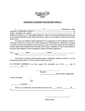 Power of Attorney Form - Rubber City Classic Car Auction